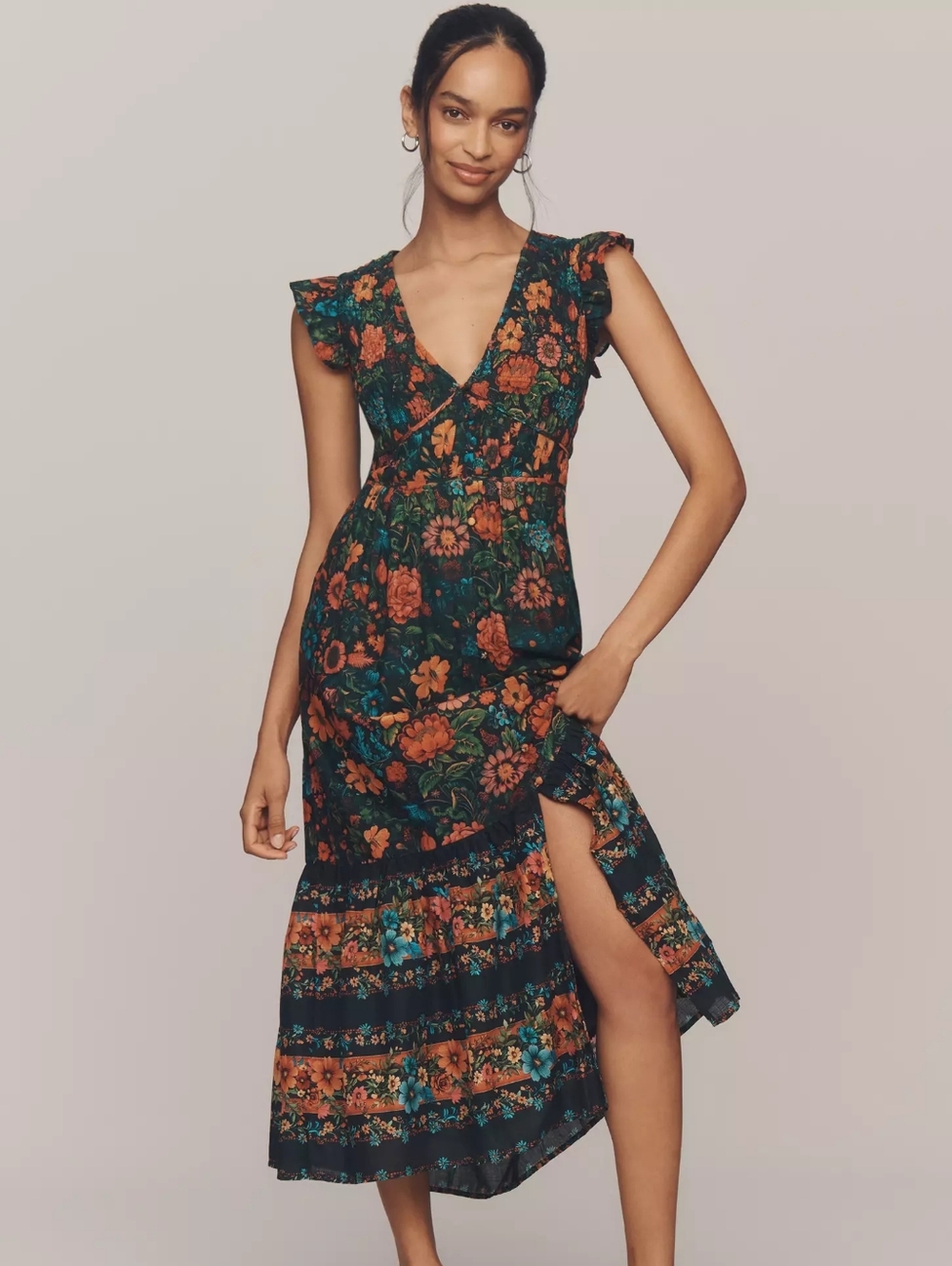 Anthropologie Dark Green Floral Midi Dress
